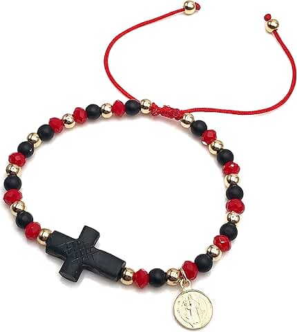 Adjustable St. Benedict Medal Bracelet with Jet Cross and Beads