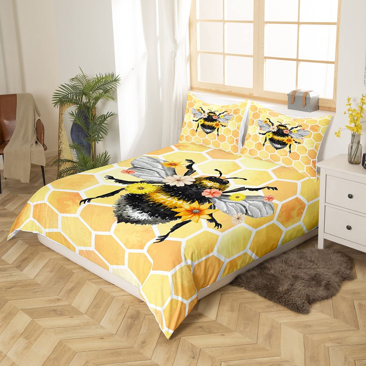 Bee Duvet Cover Set,Honeybee K aii Bedding Set,Cute Wild Animal Comforter Cover For Teens Boys,Flowers Floral Quilt Cover Queen Size,Geometric Honeycomb Hexagon Gifts Bee Home Decor Bedspread Cover