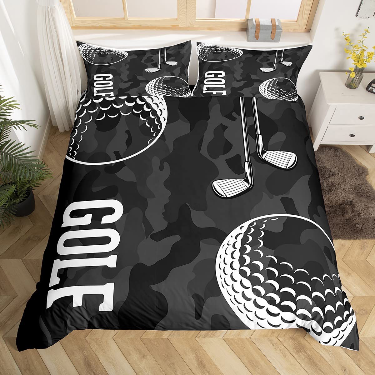 Golf Print Duvet Cover Black Camo Bedding Sets Queen Kids Boys Teens Camouflage Comforter Cover Sports Themed Bedding,Golf Balls Gaming Quilt Cover 3 Piece Soft Microfiber Bed Cover