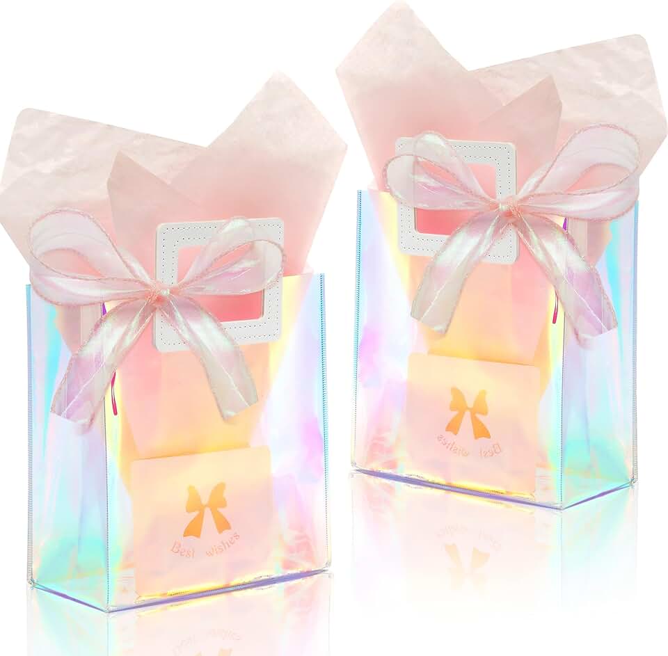 Set of 2 Holographic Gift Bags with Handles and Tissue Paper