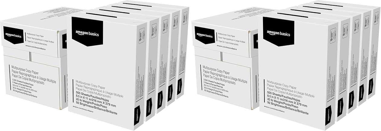 Multipurpose Copy Printer Paper, 8.5" x 11", 20 lb, 5 Reams
