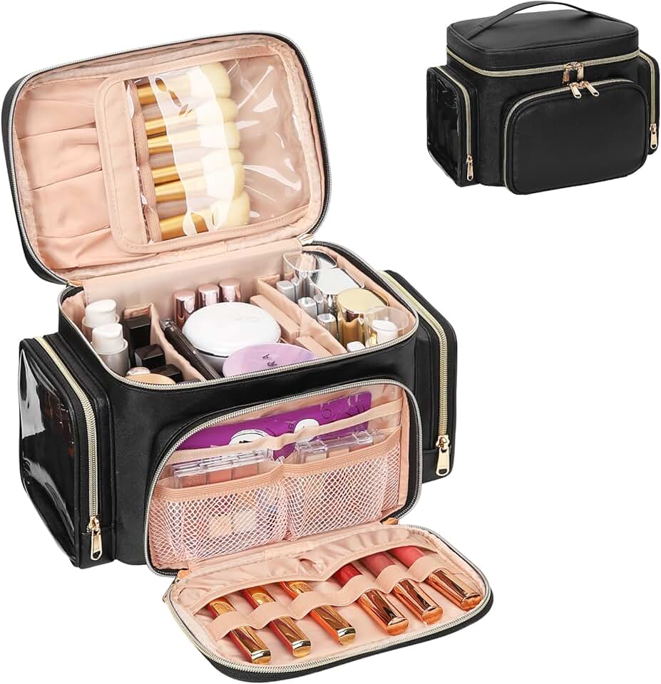 Large Portable Makeup and Toiletry Bag with Brush and Side Pockets