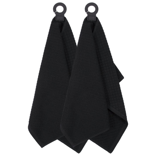 Hook and Hang Towel with Permanent Rubber Hook for Kitchen, Bathroom, Mudroom, Laundry Room, Extra-Large, 18" X 28", Machine Washable, 2 Pack, Black