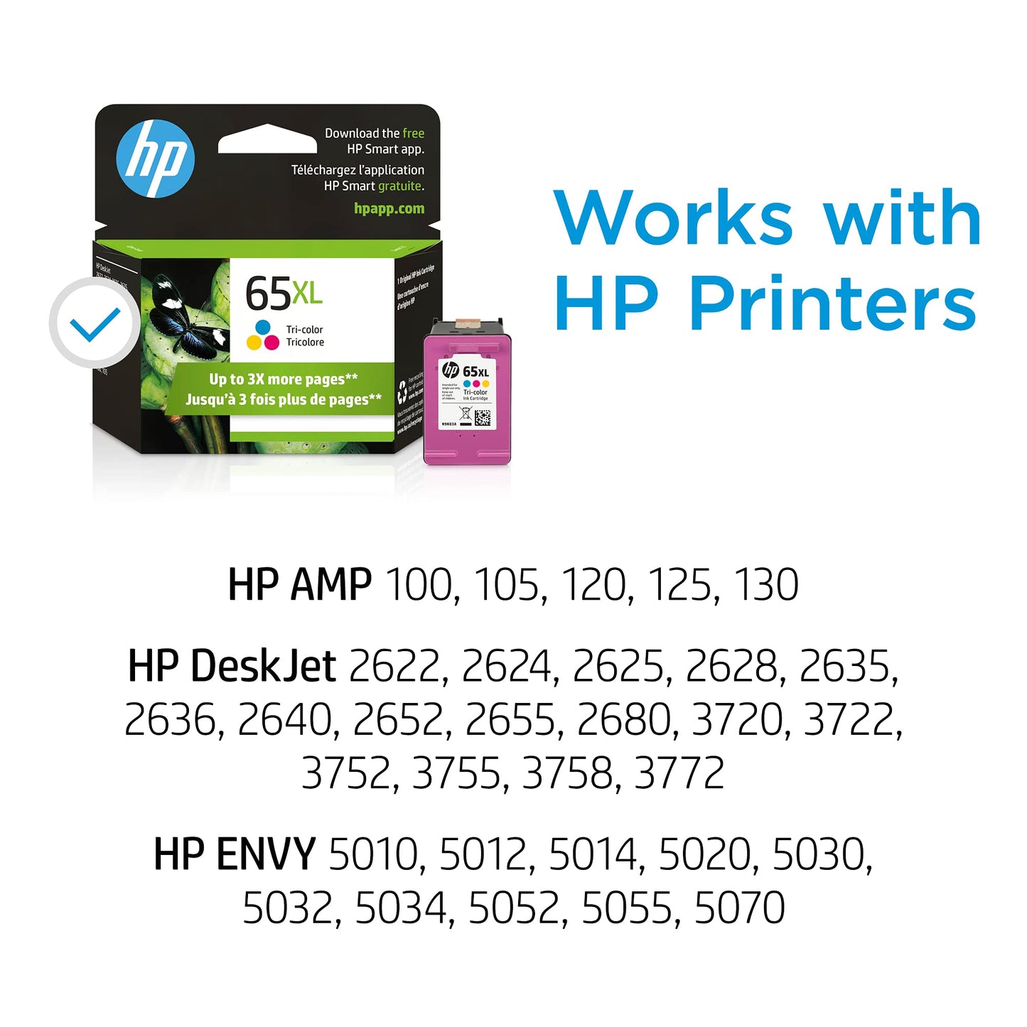 Original 65XL Tri-color High-yield Ink Cartridge | Works with AMP 100 Series, DeskJet 2600, 3700 Series, ENVY 5000 Series | Eligible for Instant Ink | N9K03AN