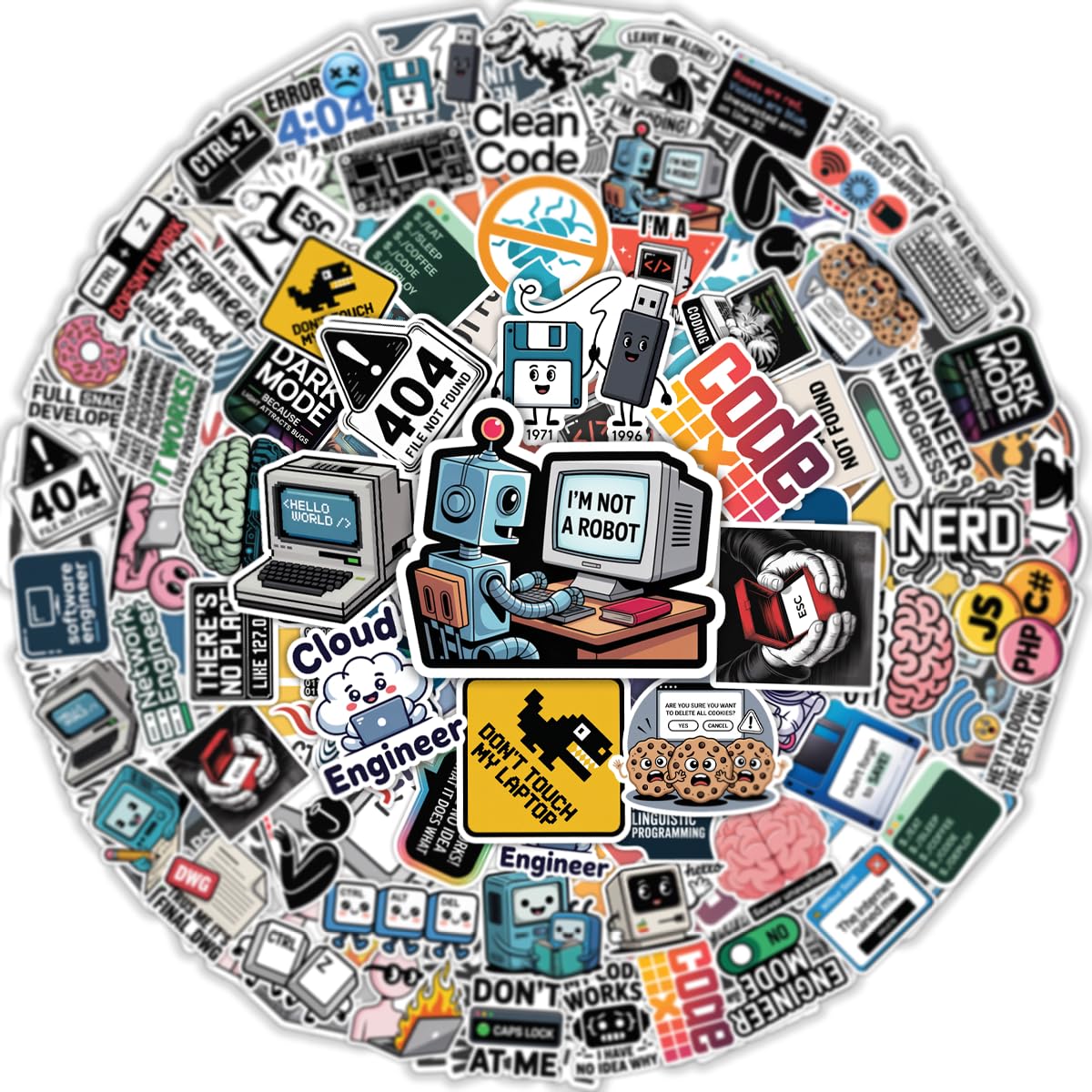 Set of 64 waterproof coding stickers for laptops and bottles