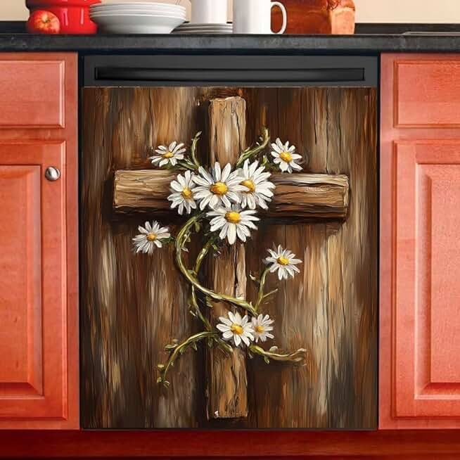 Wood Cross with Daisy Flowers Magnetic Cover for Appliances