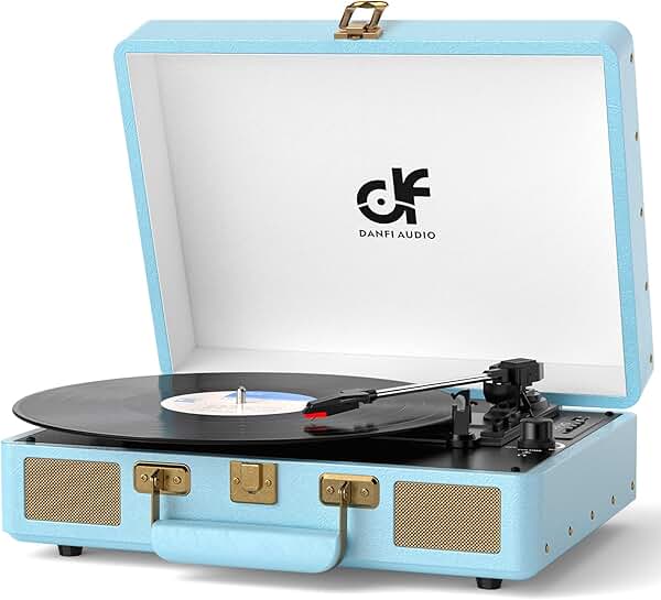 Blue Vintage Suitcase Vinyl Record Player with Built-in Speakers