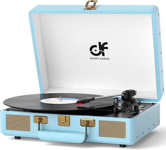 Blue Vintage Suitcase Vinyl Record Player with Built-in Speakers