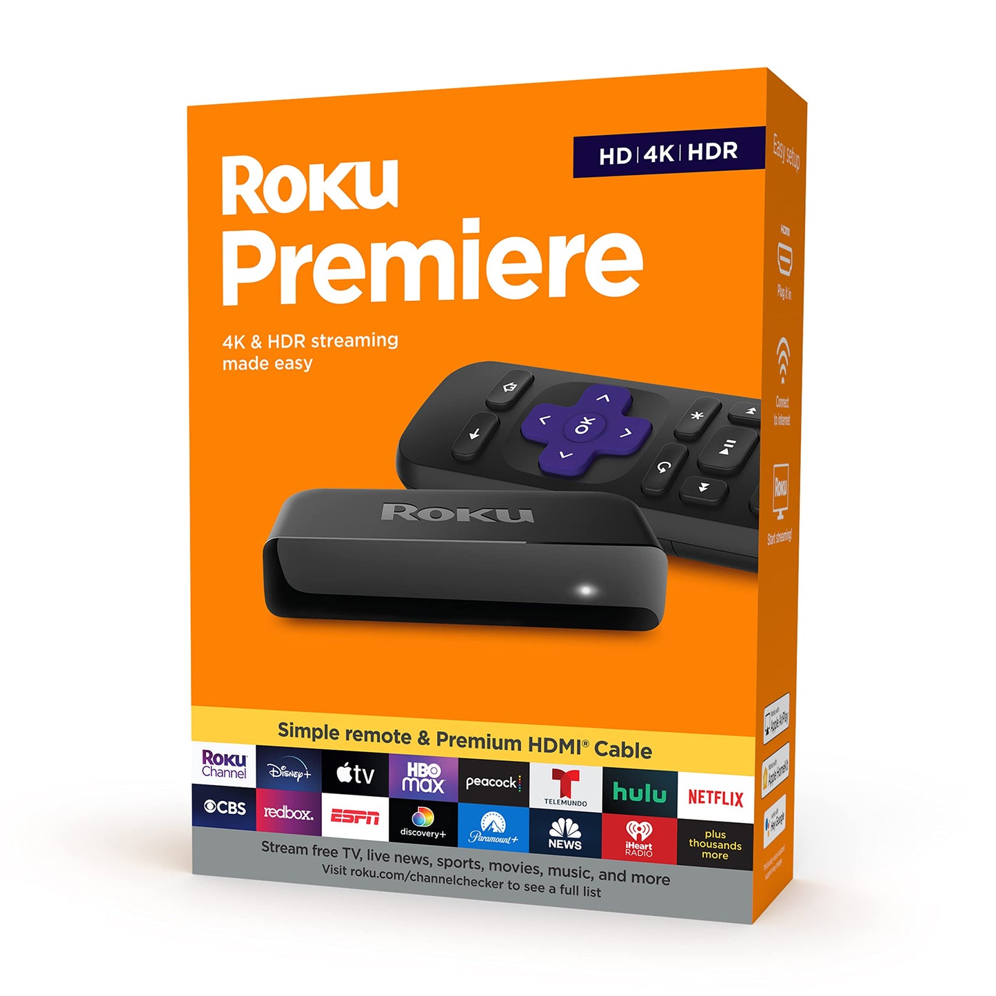 Premiere | HD/4K/HDR Streaming Media Player, Simple Remote and Premium HDMI Cable, Black