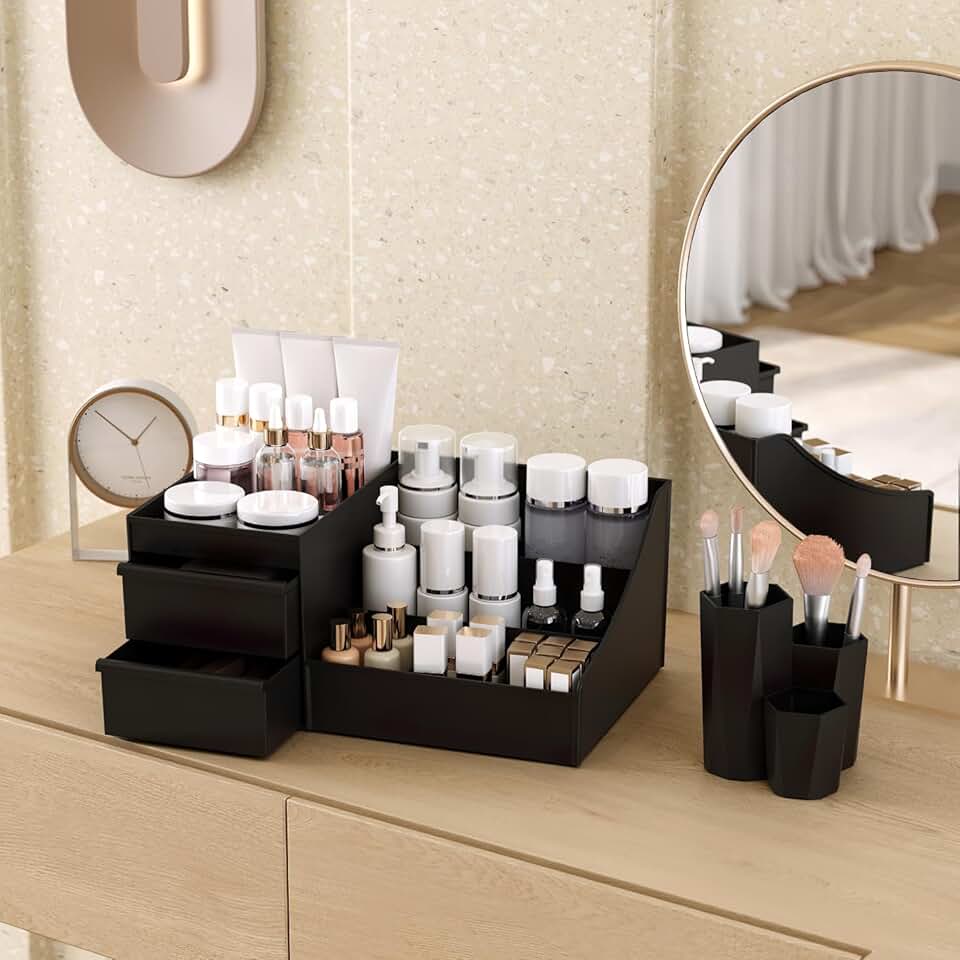 White 2-Piece Makeup Organizer with 3 Drawers
