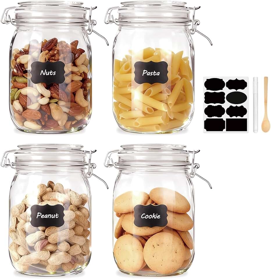 Set of 4 32oz Airtight Glass Storage Jars with Lids