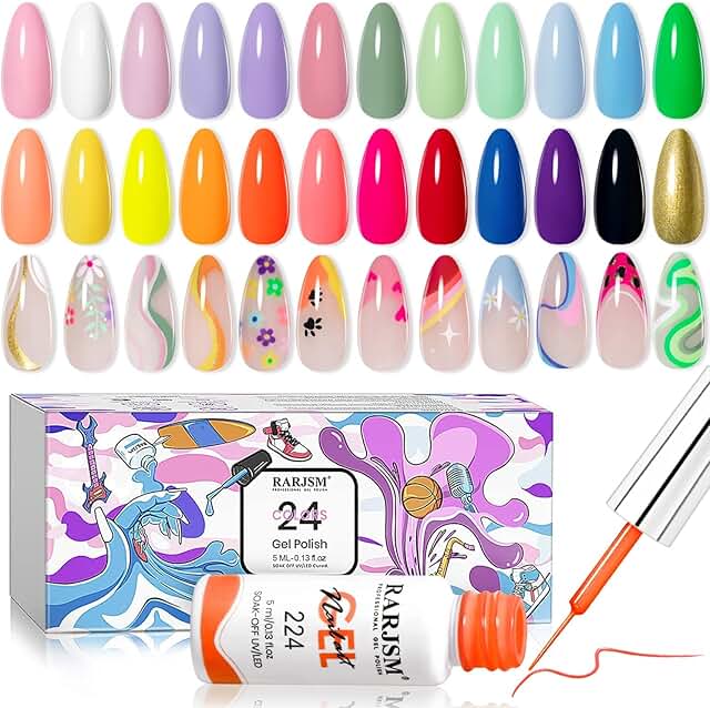 Gel Nail Art Kit with 24 Bright Colors and Glitter
