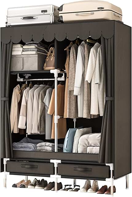 Small Portable Fabric Wardrobe with Hanging Space and Drawers