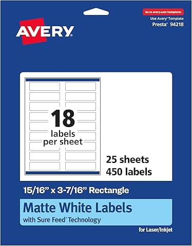 Matte White Rectangle Labels, 15/16" x 3-7/16", 450 sheets