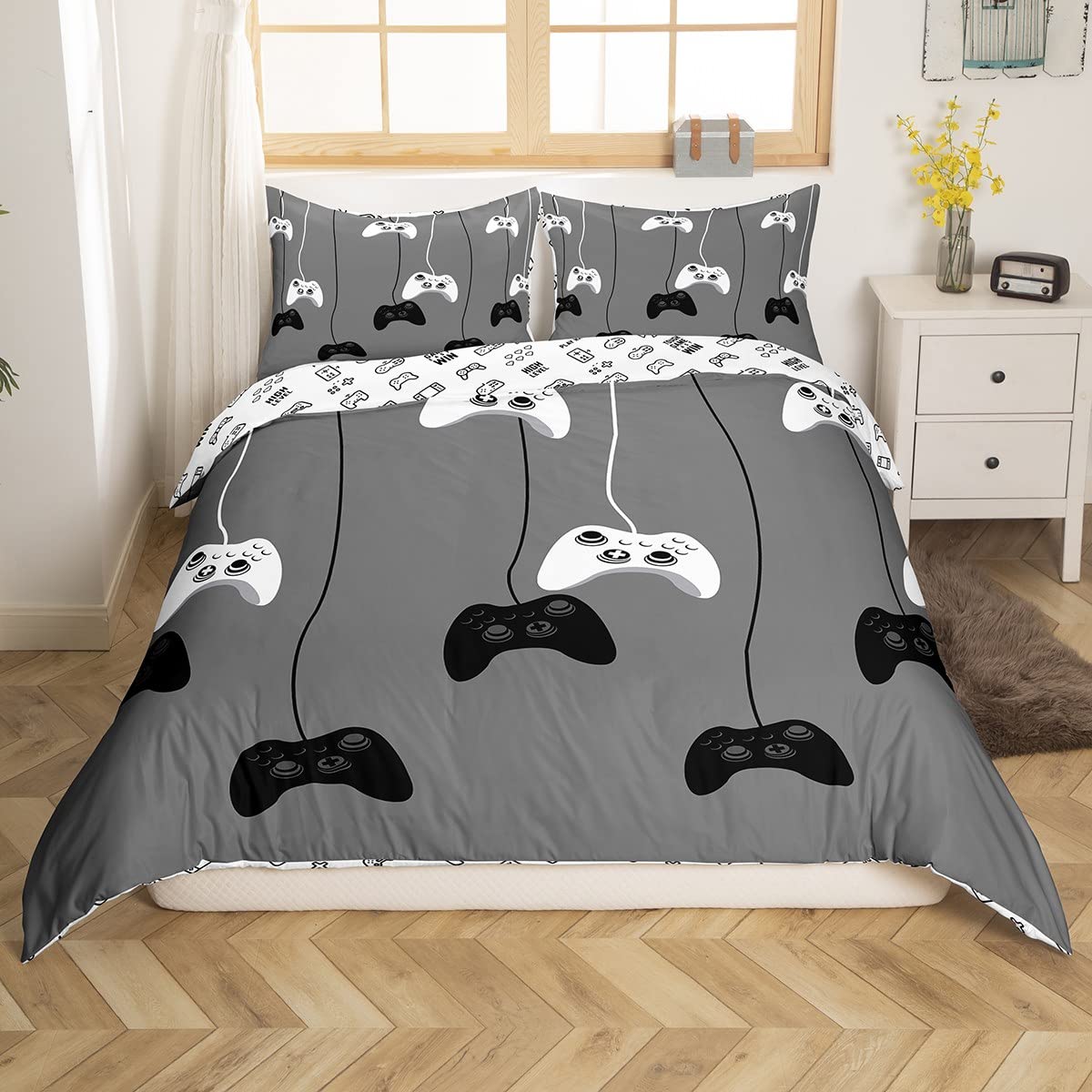Gaming Bedding Set Twin Comforter Cover Set for Boys Kids Games Room Decor Duvet Cover, Reversible Geometric Pattern, Video Games Gamer Bedspread Cover 2 Pcs, 1 Duvet Cover and 1 Pillowcase,No Filler