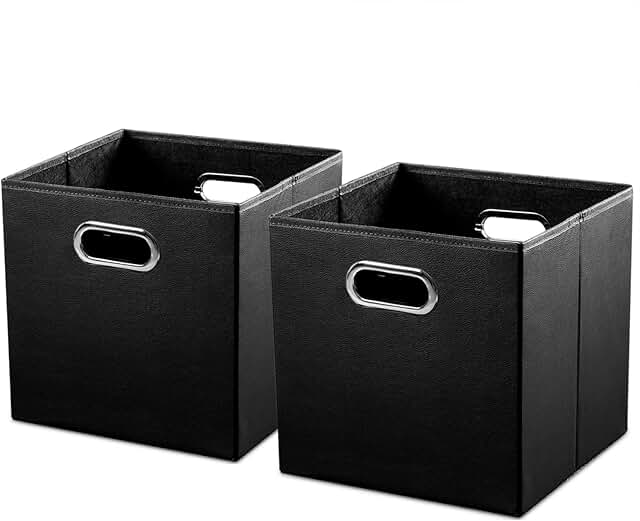 Foldable Leather Storage Bins, 13x13 Inches, 2-Pack