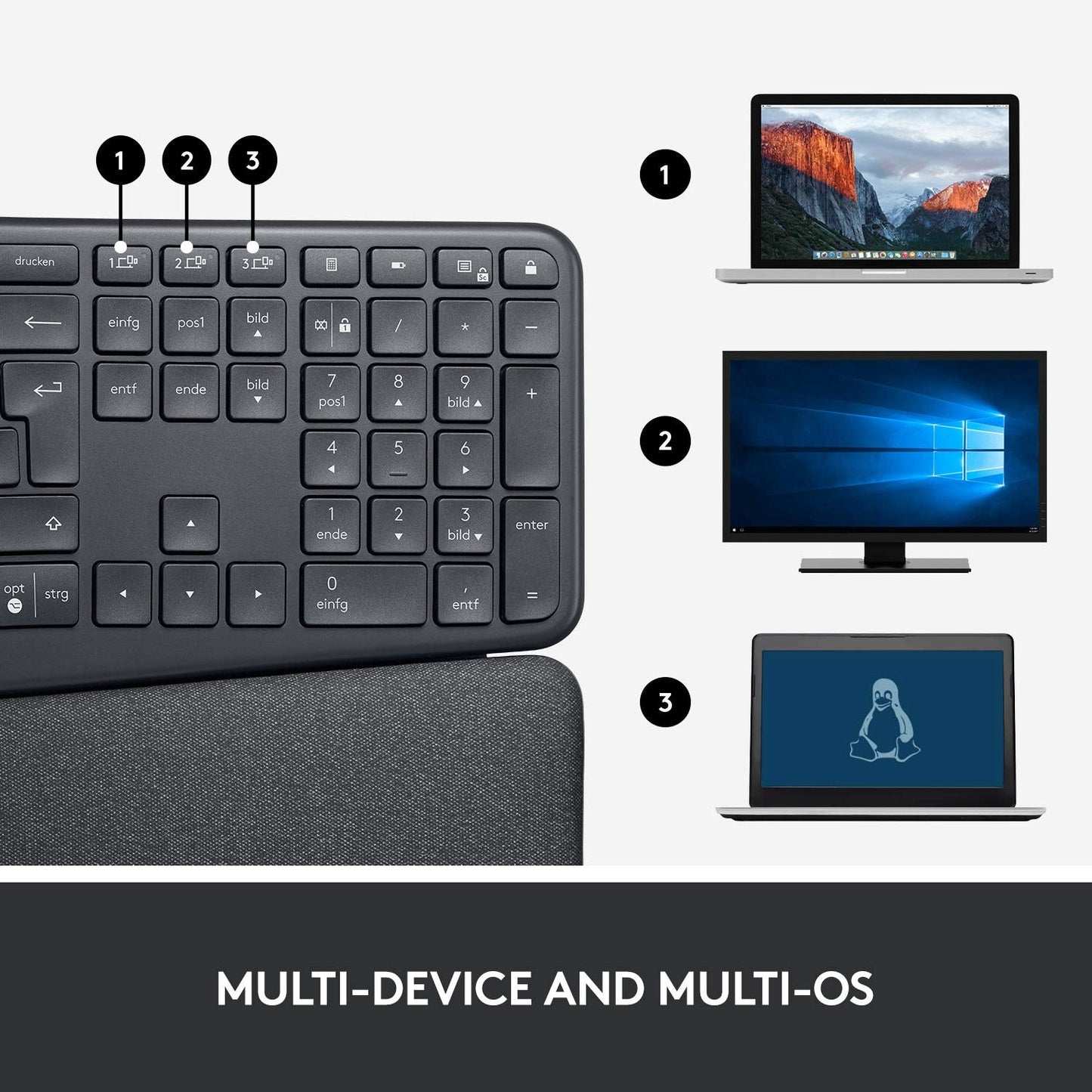 Ergo K860 Split Wireless Keyboard for Business - Ergonomic Design, Secured Logi Bolt Technology, Bluetooth, Globally , Windows/Mac/Chrome/Linux - Graphite