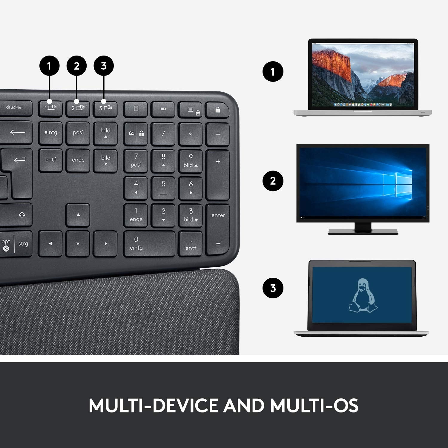 Ergo K860 Split Wireless Keyboard for Business - Ergonomic Design, Secured Logi Bolt Technology, Bluetooth, Globally , Windows/Mac/Chrome/Linux - Graphite