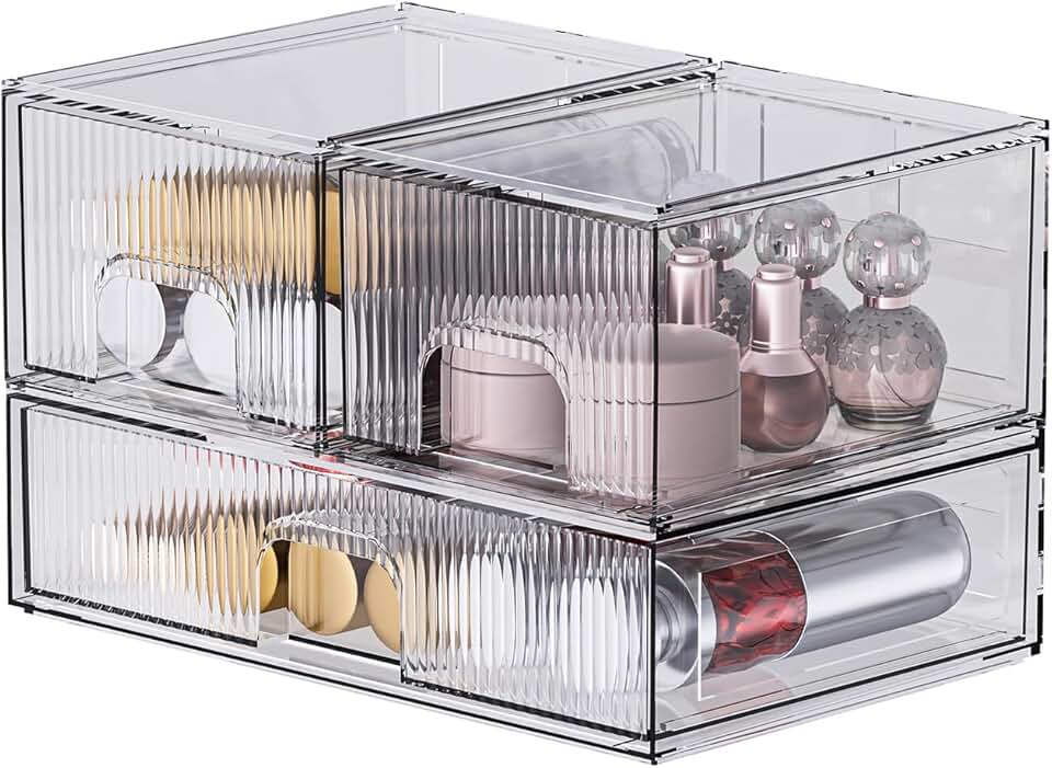 3 Pack Clear Stackable Cosmetic Organizers with Acrylic Drawers