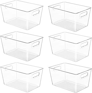 Six Clear Plastic Pantry Organizer Bins with Handles