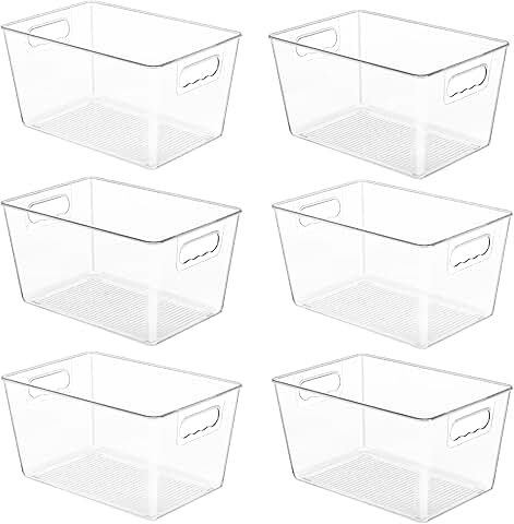 Six Clear Plastic Pantry Organizer Bins with Handles