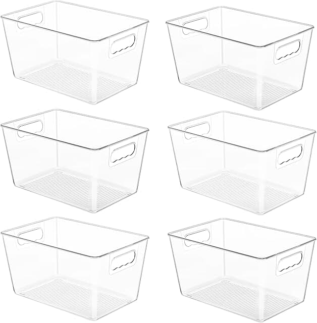 Six Clear Plastic Pantry Organizer Bins with Handles