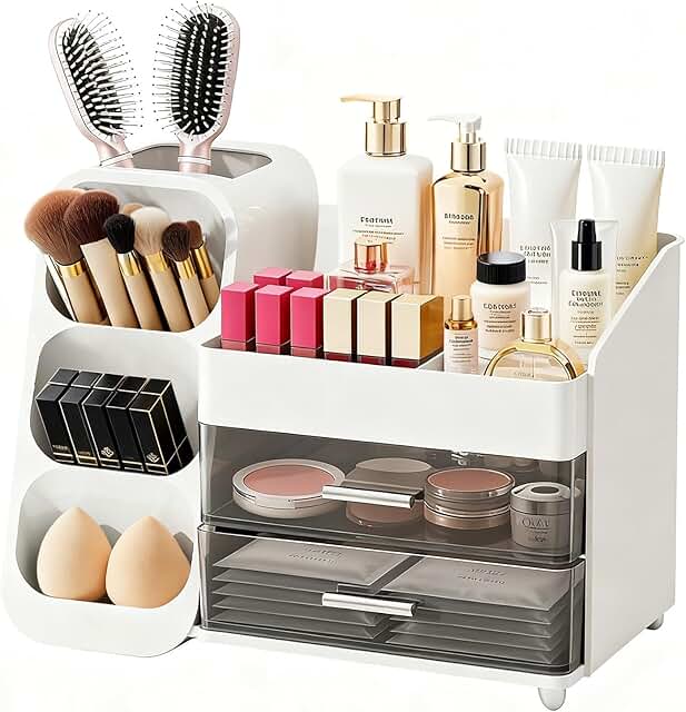 Spacious Makeup Organizer with Brush Holder and Drawers