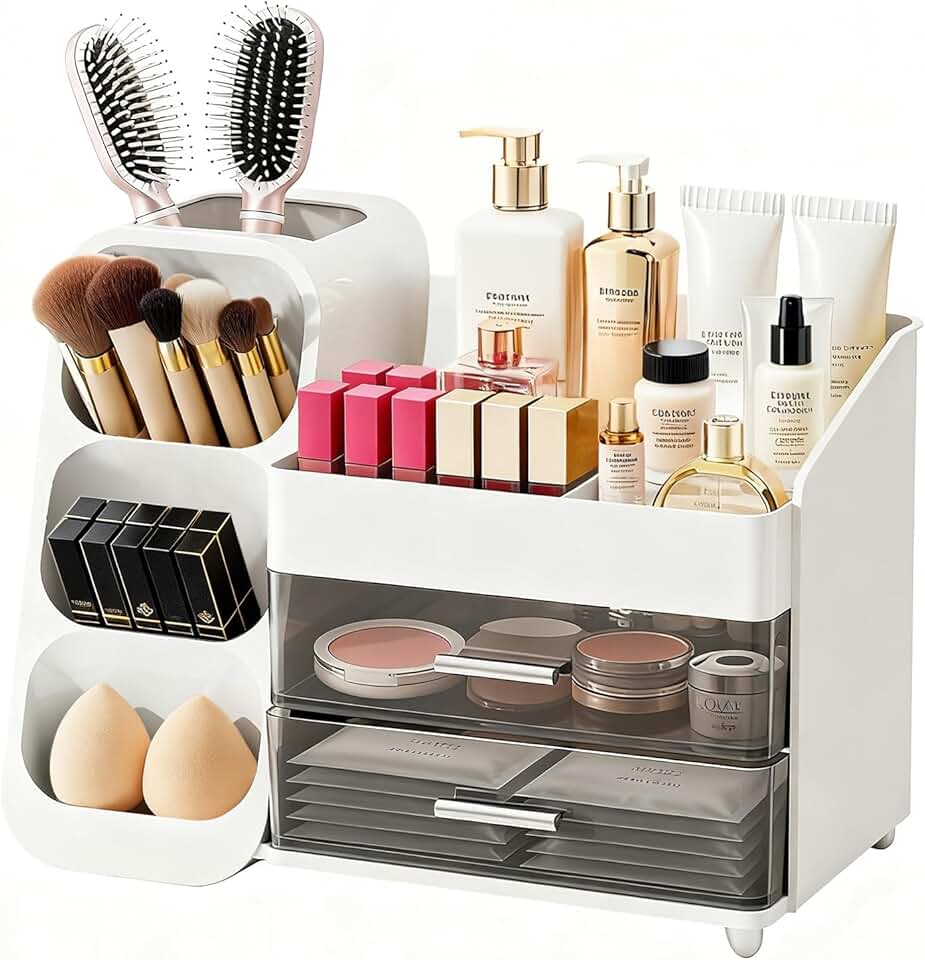 Spacious Makeup Organizer with Brush Holder and Drawers