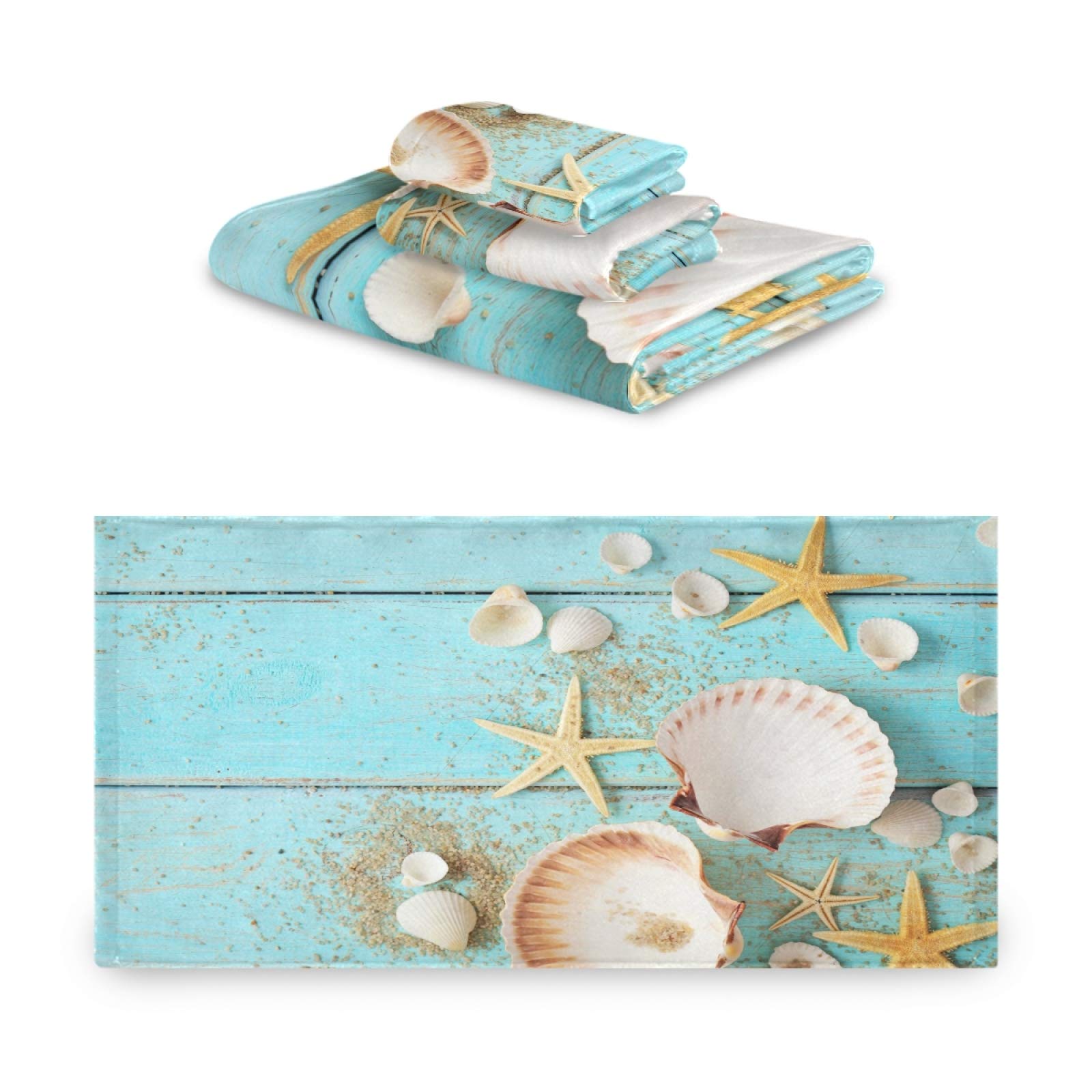 Shells Starfish On Sea Shore Bath Towel Set 3 Ultra Soft Fast Dry Summer Sea Face Towel Absorbent Bathroom Towel Set Shower Hand Face Washcloths