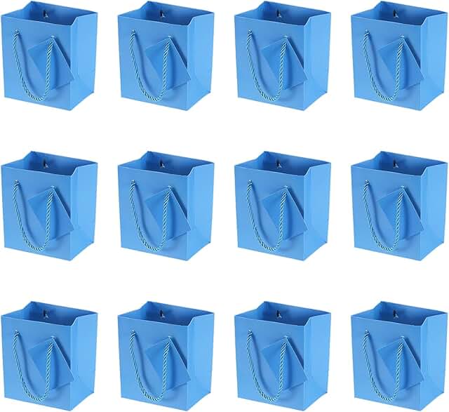 Set of 12 small blue gift tote bags with handles and greeting cards