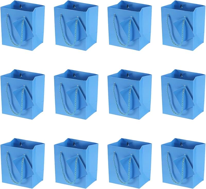 Set of 12 small blue gift tote bags with handles and greeting cards