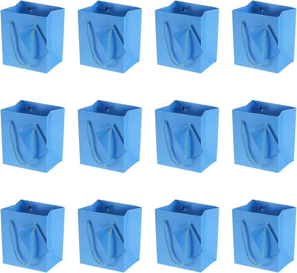 Set of 12 small blue gift tote bags with handles and greeting cards