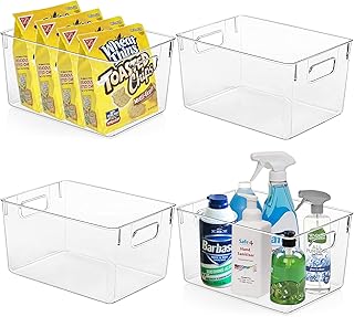 Set of four clear plastic storage bins for kitchen and bathroom