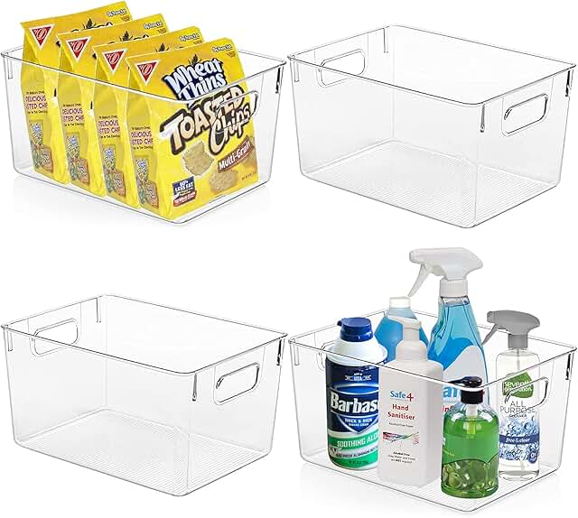 Set of four clear plastic storage bins for kitchen and bathroom
