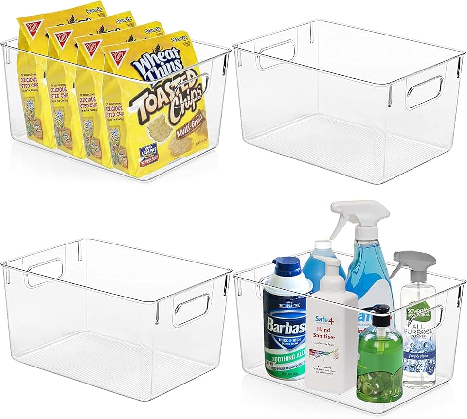 Set of four clear plastic storage bins for kitchen and bathroom