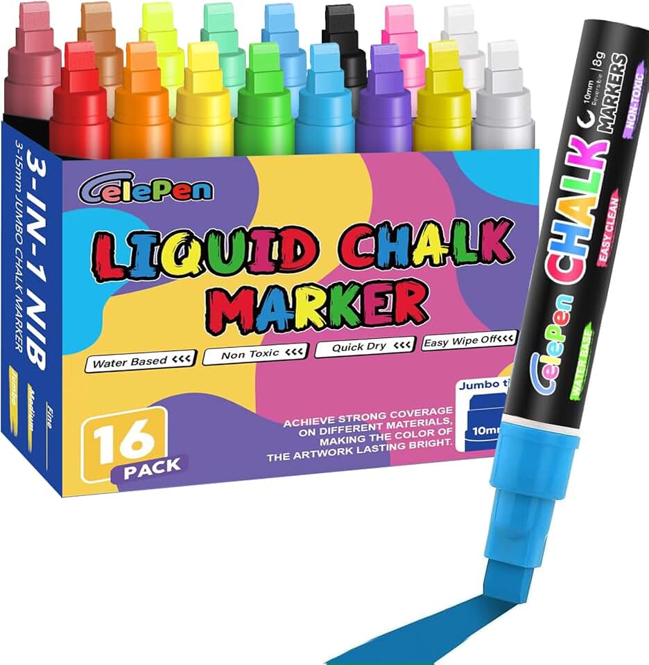 16-Color Washable Window Chalk Markers with Wide Tips
