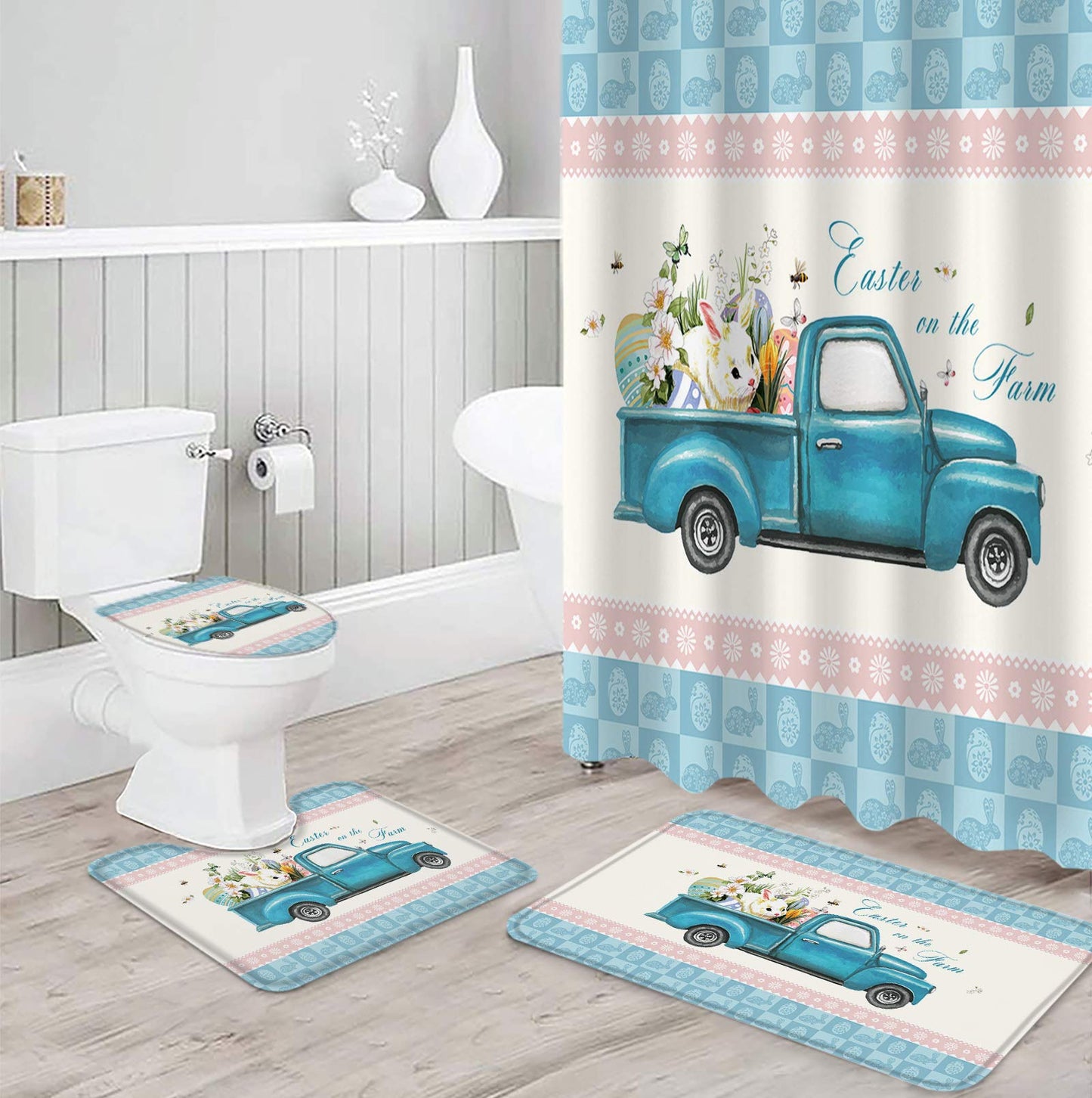 4 Piece Shower Curtain Sets Happy Farm Lovely Bunny Egg Truck Blue Buffalo Plaid Non- Rug, Tet Lid Cover, Bath Mat Waterproof Shower Curtain Bathroom Sets with 12 Hooks Bath Decor
