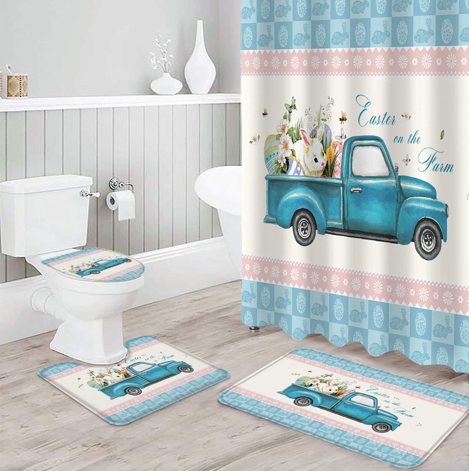 4 Piece Shower Curtain Sets Happy Farm Lovely Bunny Egg Truck Blue Buffalo Plaid Non- Rug, Tet Lid Cover, Bath Mat Waterproof Shower Curtain Bathroom Sets with 12 Hooks Bath Decor