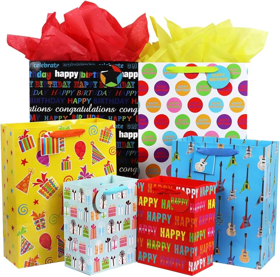 Set of 12 Assorted Birthday Gift Bags with Handles