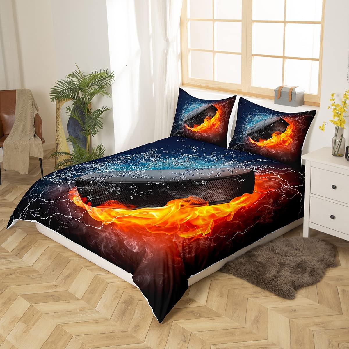 Ice and Bedding Set 3pcs for Kids Boys Teens Sports Theme Comforter Cover Burning Hockey Puck Duvet Cover Set Microfiber Bedspread Cover with 2 Pillow Cases(No Comforter) King Size
