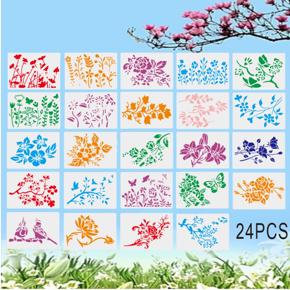 24 Pieces Flower Leaf Stencil Kit 8x6inch for Painting