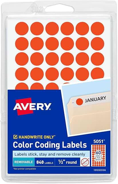 Neon Coral Round Removable Labels, 1/2 Inch, 840 Count