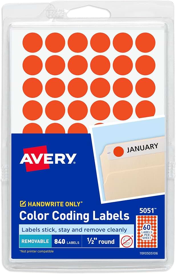 Neon Coral Round Removable Labels, 1/2 Inch, 840 Count