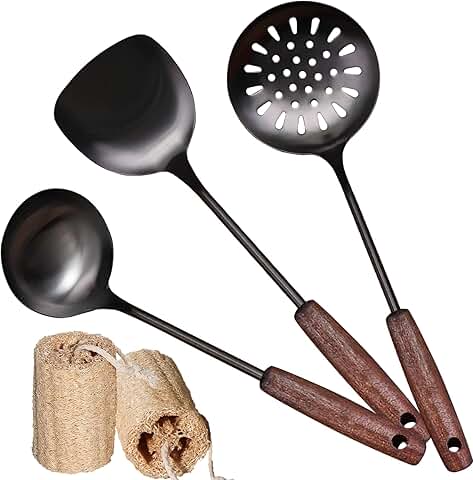 Wok Spatula and Ladle Set with Wooden Handles