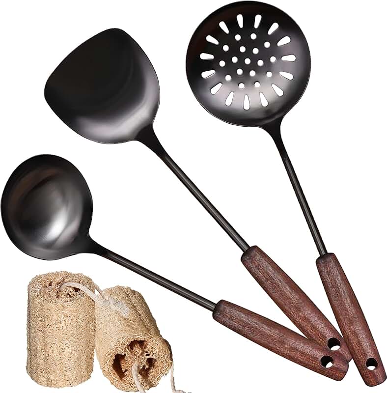 Wok Spatula and Ladle Set with Wooden Handles
