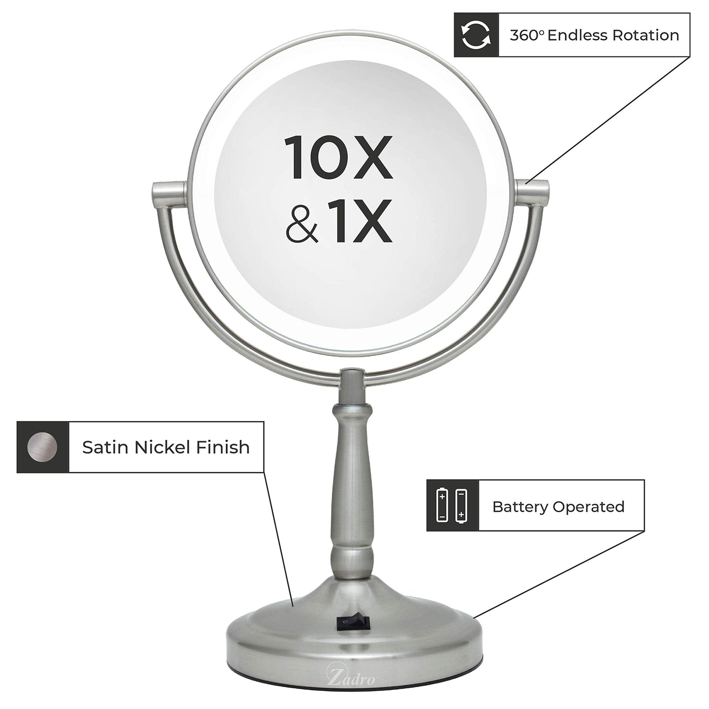 9" Round LED Makeup Mirror with Lights and Magnification 5&10X/1X AA Battery Operated Swivel Lighted Makeup Mirror