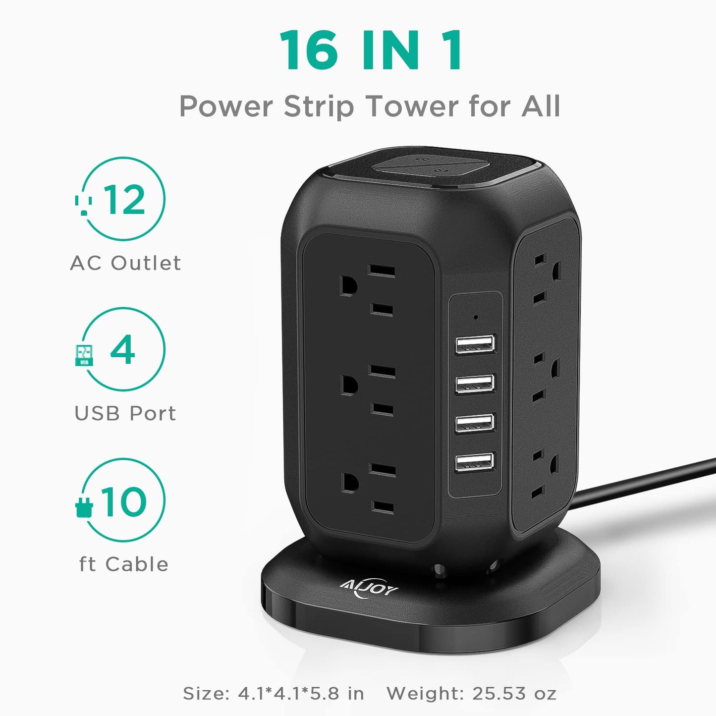Power Strip Tower with USB Ports- Surge Protector with 12 AC Outlet and 4 USB Ports, 10 FT Extension Cord, USB Charging Station with Overload Protection, Living Room, Office, College Dorm