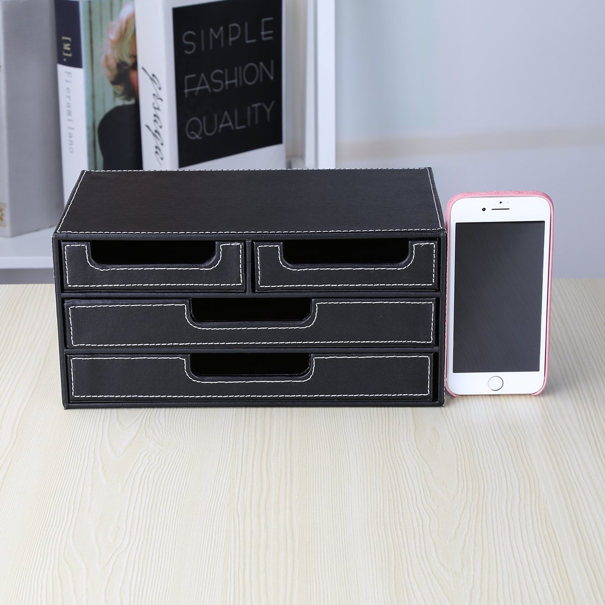 Small PU Leather Desk Organizer with 4 Drawers