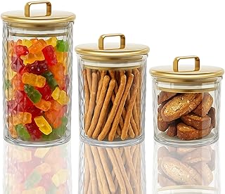 Set of 3 clear storage jars with gold lids
