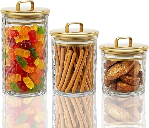 Set of 3 clear storage jars with gold lids